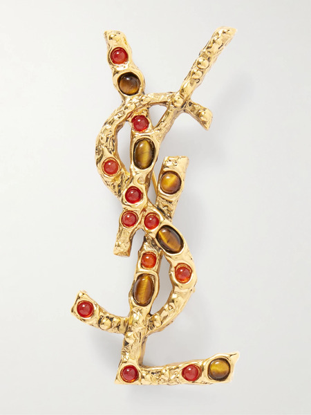  Saint Laurent Saint Laurent - Cassandre Gold-tone Tiger's Eye And Sunstone Brooch - One Size 