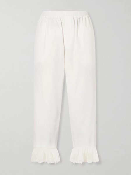  Saint Laurent Saint Laurent - Cropped Ruffled Lace-trimmed Cotton-poplin Straight-leg Pants - White 