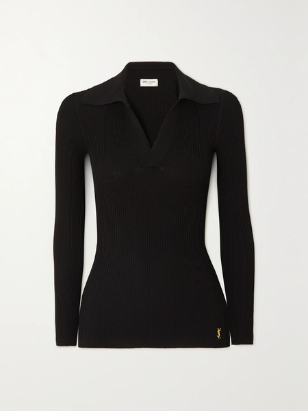  Saint Laurent Saint Laurent - Embellished Ribbed-knit Polo Sweater - Black 