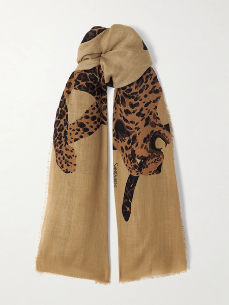  Saint Laurent Saint Laurent - Frayed Printed Wool-twill Scarf - Brown 