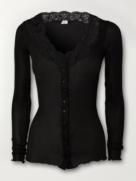  Saint Laurent Saint Laurent - Lace-trimmed Ribbed Silk-jersey Cardigan - Black 
