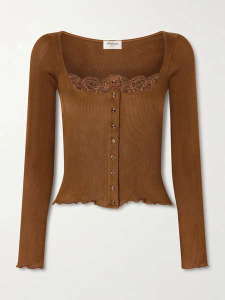  Saint Laurent Saint Laurent - Lace-trimmed Ribbed Silk-jersey Cardigan - Brown 