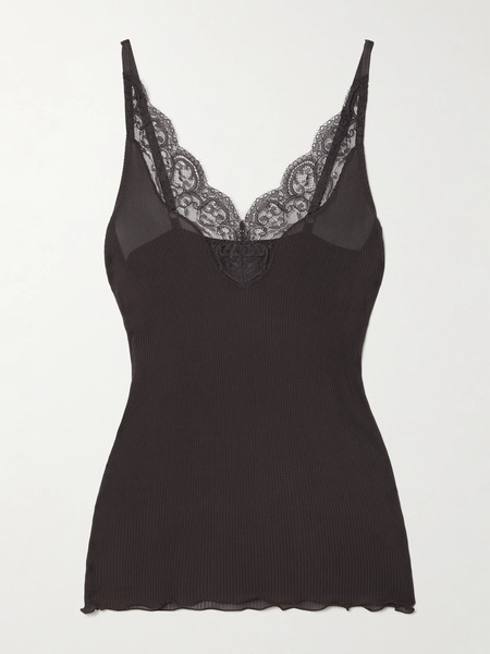  Saint Laurent Saint Laurent - Lace-trimmed Ribbed Silk-jersey Tank - Brown 