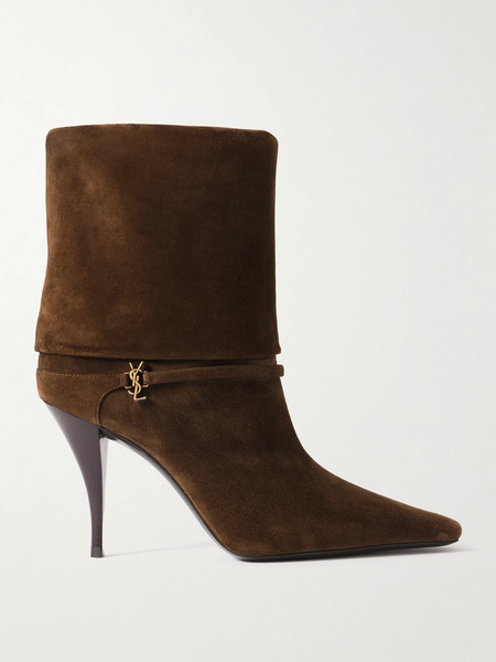  Saint Laurent Saint Laurent - Niki Embellished Suede Ankle Boots - Dark Brown 
