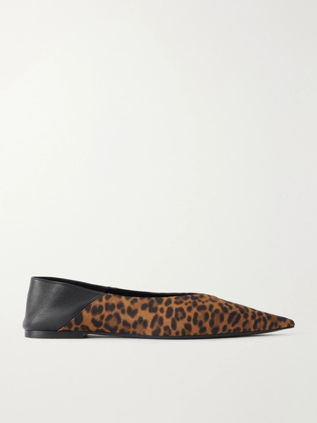  Saint Laurent Saint Laurent - Nour Leather-trimmed Leopard-print Grosgrain Flats - Leopard Print 