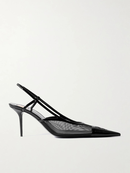 Saint Laurent Saint Laurent - Renée Cassandre-embroidered Patent Leather-trimmed Mesh Slingback Pumps - Black 
