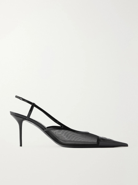  Saint Laurent Saint Laurent - Renée Embroidered Patent Leather-trimmed Mesh Slingback Pumps - Black 