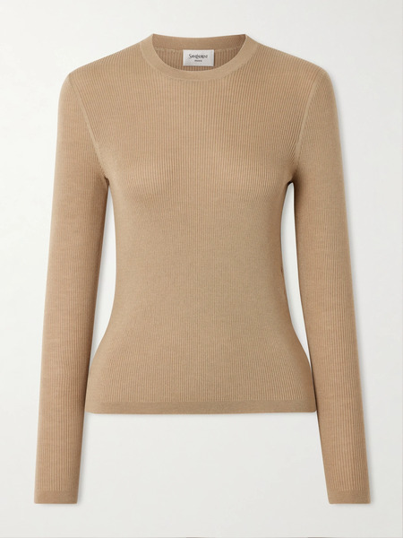  Saint Laurent Saint Laurent - Ribbed-knit Wool, Cashmere And Silk-blend Top - Beige 
