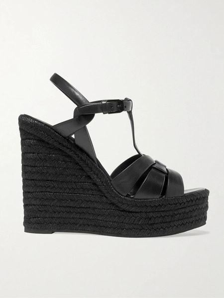  Saint Laurent Saint Laurent - Tribute Woven Leather Espadrille Wedge Sandals - Black 