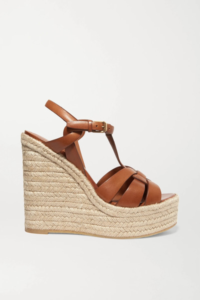  Saint Laurent Saint Laurent - Tribute Woven Leather Espadrille Wedge Sandals - Tan 