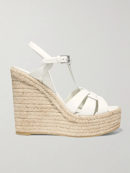  Saint Laurent Saint Laurent - Tribute Woven Leather Espadrille Wedge Sandals - White 