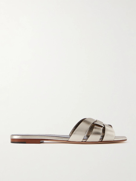  Saint Laurent Saint Laurent - Tribute Woven Metallic Leather Slides - Platinum 