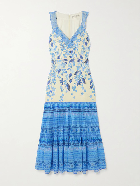  Saloni Saloni - Amy Ruffled Printed Plissé Silk-georgette Midi Dress - Blue 