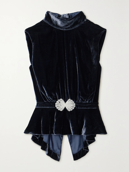 Saloni Saloni - Fleur Embellished Gathered Velvet Peplum Top - Navy 