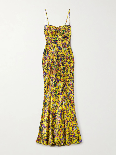  Saloni Saloni - Renee Ruched Printed Silk-satin Gown - Yellow 
