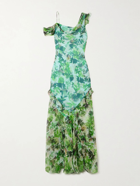  Saloni Saloni - Seema Cold-shoulder Ruffled Printed Silk-chiffon Maxi Dress - Green 