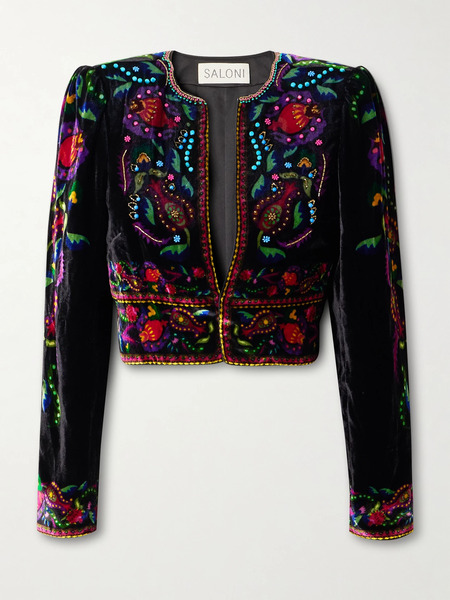  Saloni Saloni - Vika Cropped Beaded Printed Velvet Jacket - Black 