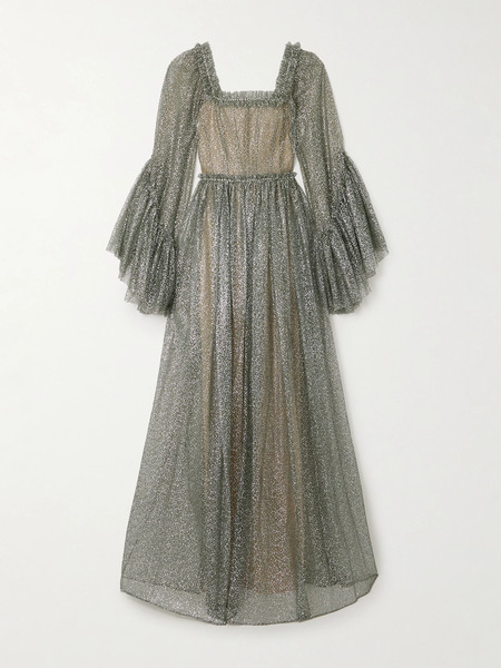  Sandra Mansour Sandra Mansour - Enchanteresse Ruffled Glittered Tulle Maxi Dress - Green 
