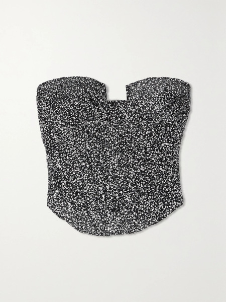  Sandra Mansour Sandra Mansour - Strapless Glittered Tulle Bustier Top - Black 
