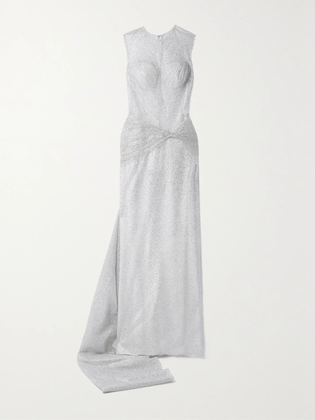  Sandra Mansour Sandra Mansour - Sunlight Ruched Glittered Tulle Gown - White 