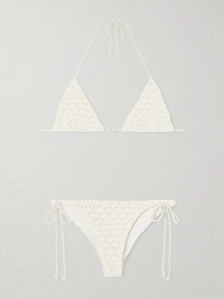  Sara Cristina Sara Cristina - Pearl Crocheted Cotton Triangle Bikini - Ecru 