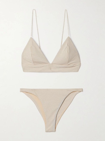  Sara Cristina Sara Cristina - Pearl-embellished Metallic Triangle Bikini - Gold 