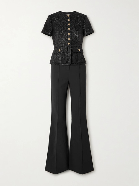  Self-portrait Self-portrait - Button-embellished Metallic Bouclé And Crepe Peplum Jumpsuit - Black 
