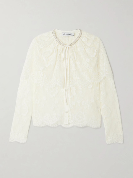  Self-portrait Self-portrait - Cape-effect Scalloped Embellished Lace Blouse - White 