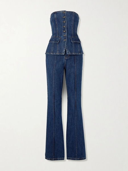  Self-portrait Self-portrait - Convertible Strapless Denim Jumpsuit - Mid Denim 