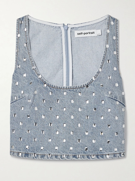  Self-portrait Self-portrait - Cropped Crystal-embellished Denim Tank - Light Denim 