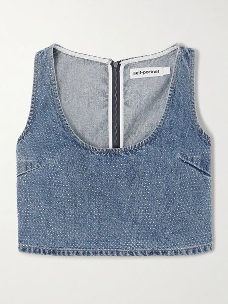  Self-portrait Self-portrait - Cropped Crystal-embellished Denim Top - Blue 