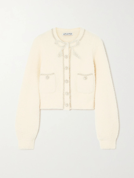  Self-portrait Self-portrait - Cropped Embellished Bouclé-knit Cardigan - Cream 