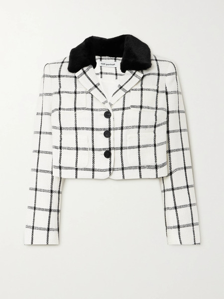 Self-portrait Self-portrait - Cropped Faux Fur-trimmed Checked Tweed Jacket - Cream 