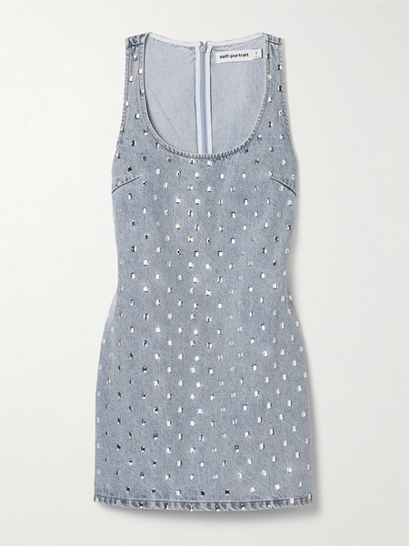  Self-portrait Self-portrait - Crystal-embellished Denim Mini Dress - Light Denim 