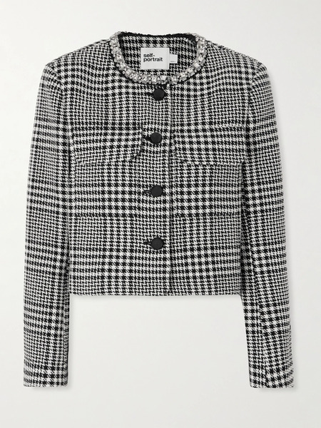  Self-portrait Self-portrait - Crystal-embellished Houndstooth Jacket - Gray 