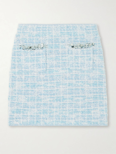  Self-portrait Self-portrait - Embellished Checked Bouclé-tweed Mini Skirt - Blue 