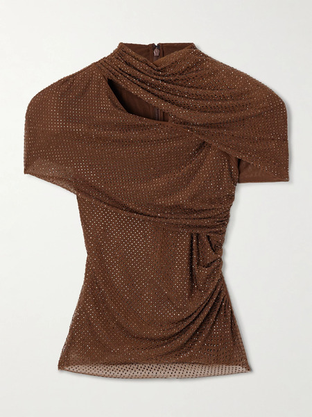  Self-portrait Self-portrait - Gathered Cutout Crystal-embellished Mesh Top - Brown 
