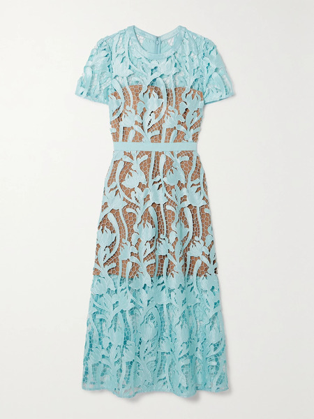  Self-portrait Self-portrait - Grosgrain-trimmed Embroidered Satin And Guipure Lace Midi Dress - Blue 
