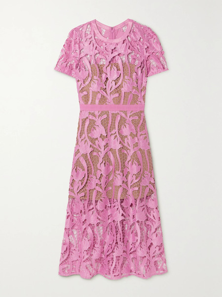  Self-portrait Self-portrait - Grosgrain-trimmed Embroidered Satin And Guipure Lace Midi Dress - Pink 