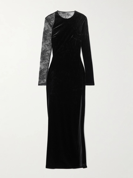 Self-portrait Self-portrait - Lace-paneled Velvet Maxi Dress - Black 