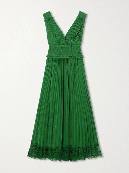  Self-portrait Self-portrait - Lace-trimmed Pleated Chiffon Midi Dress - Green 