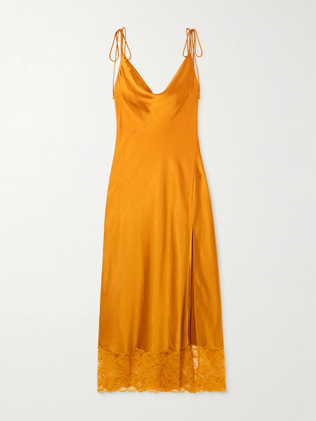  Self-portrait Self-portrait - Lace-trimmed Satin Midi Dress - Orange 
