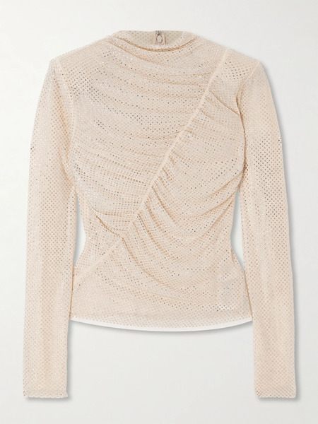  Self-portrait Self-portrait - Ruched Crystal-embellished Jersey Blouse - Cream 