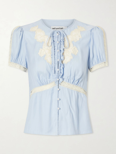  Self-portrait Self-portrait - Ruffled Lace-trimmed Satin Blouse - Blue 