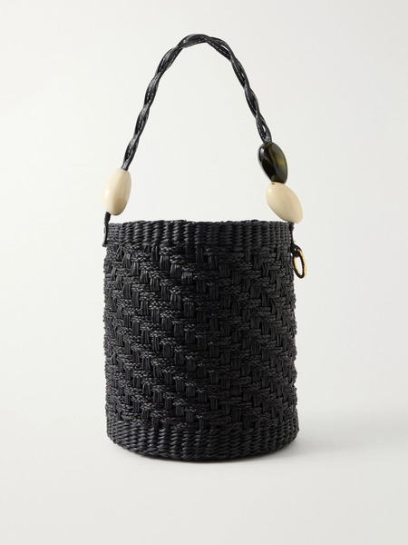  Sensi Studio Sensi Studio - Embellished Leather-trimmed Straw Bucket Bag - Black 