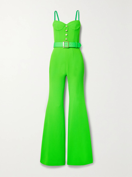  Sergio Hudson Sergio Hudson - Belted Nubuck-trimmed Neon Wool-crepe Jumpsuit - Green 