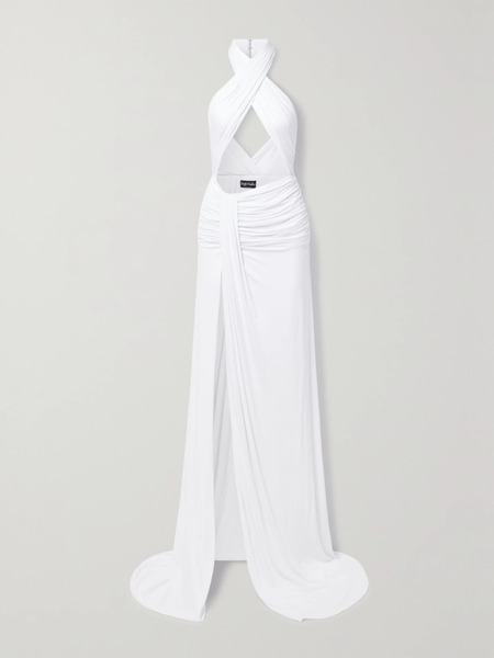  Sergio Hudson Sergio Hudson - Cutout Ruched Stretch-bamboo Rayon Halterneck Gown - White 
