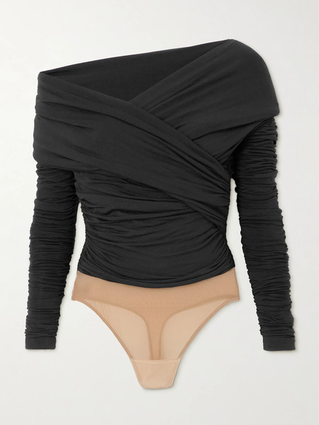  Sergio Hudson Sergio Hudson - Ruched Mesh-trimmed Stretch-bamboo Viscose Jersey Bodysuit - Black 