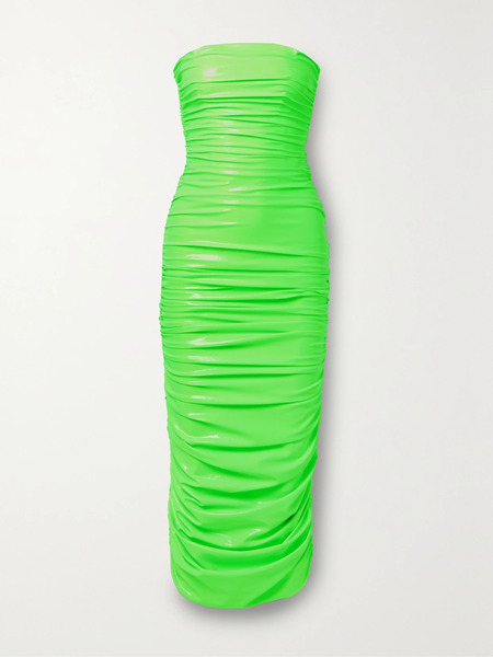  Sergio Hudson Sergio Hudson - Strapless Ruched Neon Coated Stretch-jersey Midi Dress - Green 