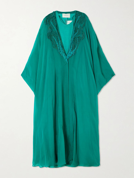  Shatha Essa Shatha Essa - Embellished Embroidered Silk-blend Chiffon And Satin Gown And Cape Set - Dark Green 